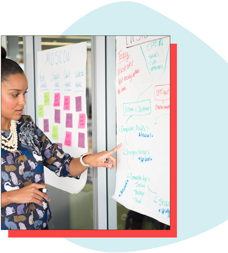 woman pointing to notes on a wall - supporting contact centers