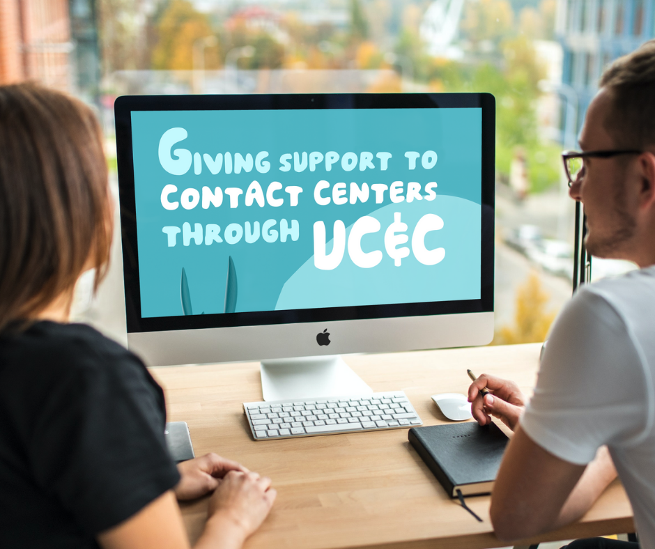 supporting contact centers beyond covid-19 - two people looking at a computer screen with eBook giving support to contact centers through uc&c